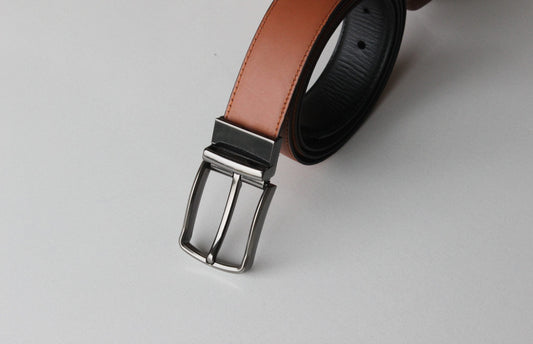 Beltenza Formal Black/Tan Leather Belt-Gunmetal Reversible Buckle